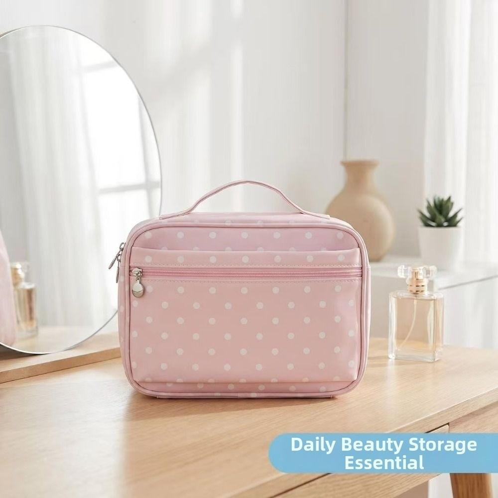 Polka Dot Portable Toiletry Pouch PU Leather Cosmetics Handbag Hanging Suitcase Organizer Women