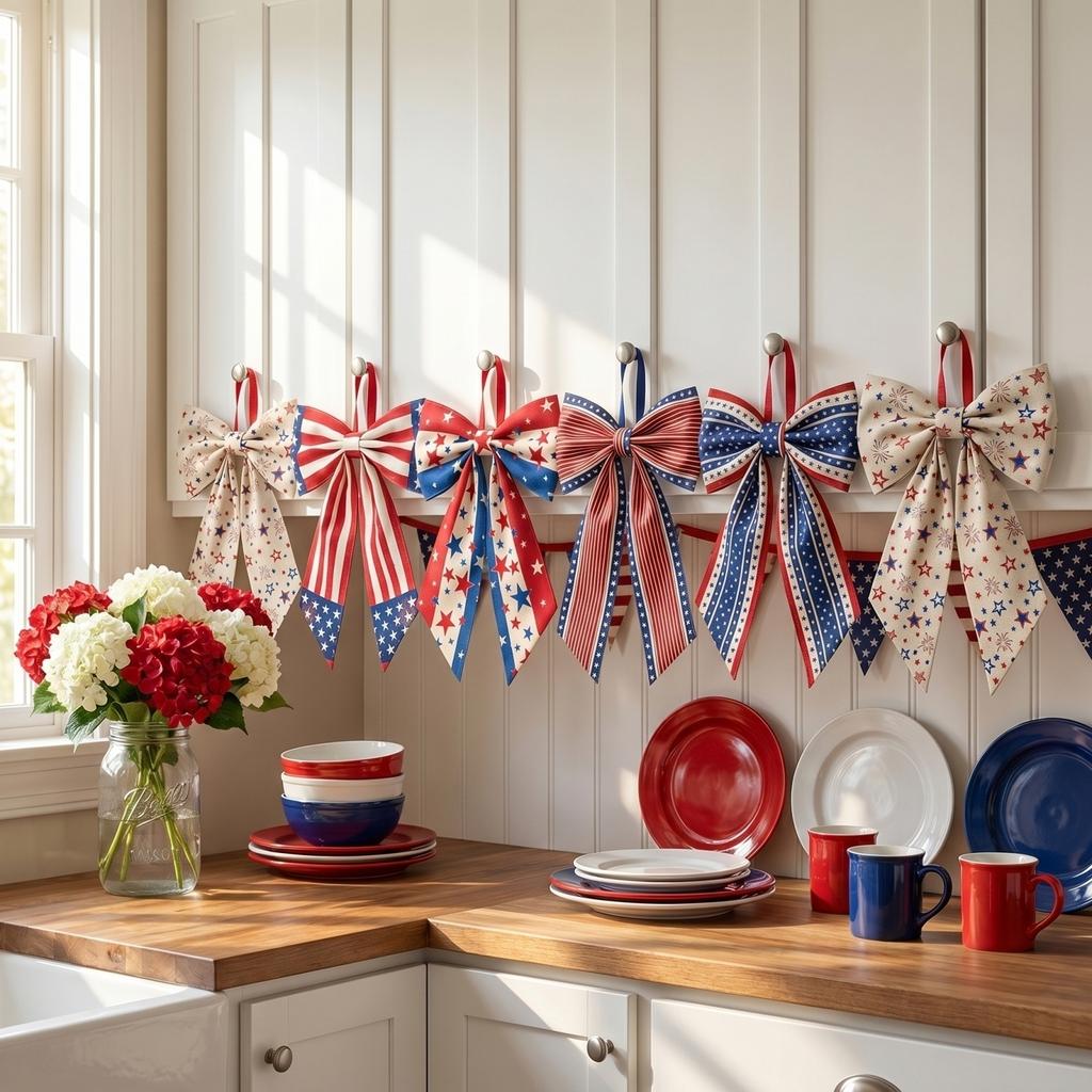 Patriotic Table Runner Banner for Independence Day Holiday Celebration American Flag Style Decorative Bow for Indoor Outdoor Use