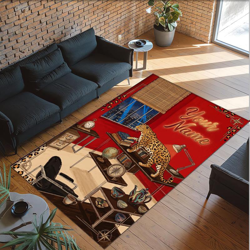 Leopard Theme Crystal Velvet Floor Rug Personalized Custom Name Text Warm Carpet Home Decoration