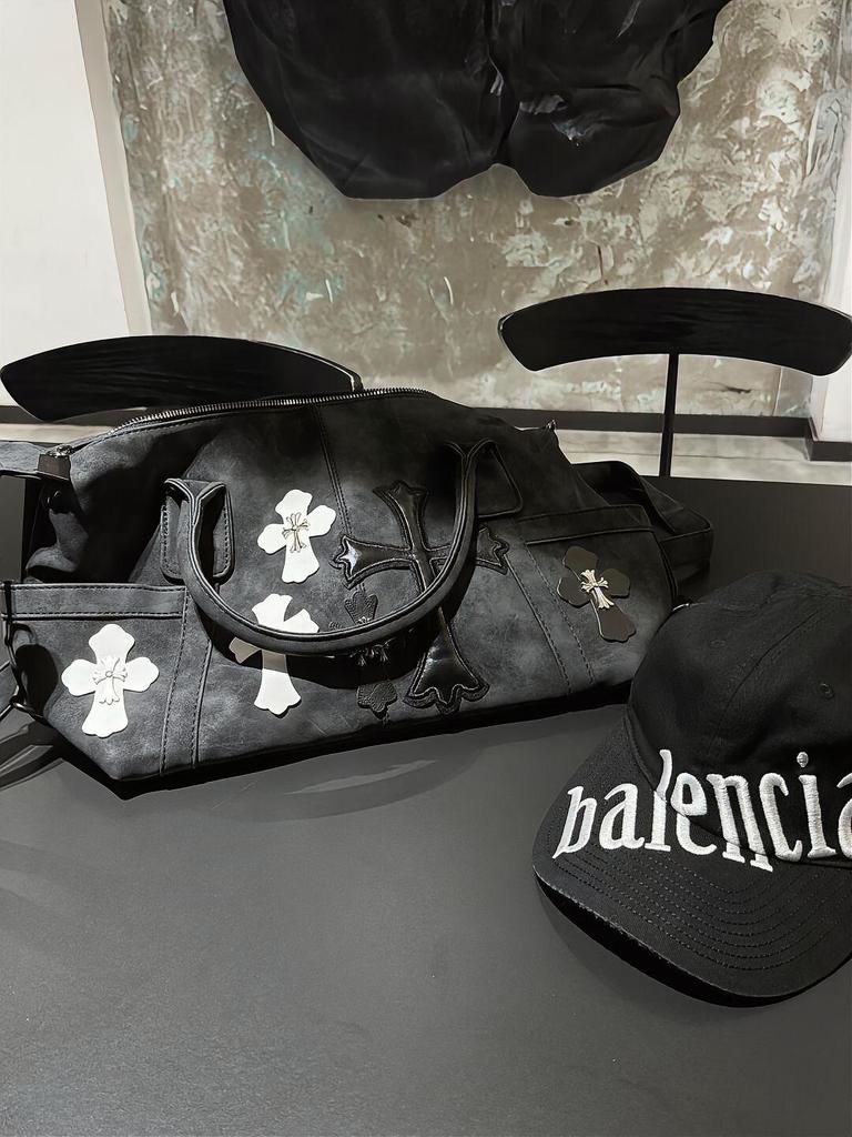 2025 Little Red Book Chrome Hearts Black & White Patchwork Travel Bag with Roman Metal Cross Shoulder Strap