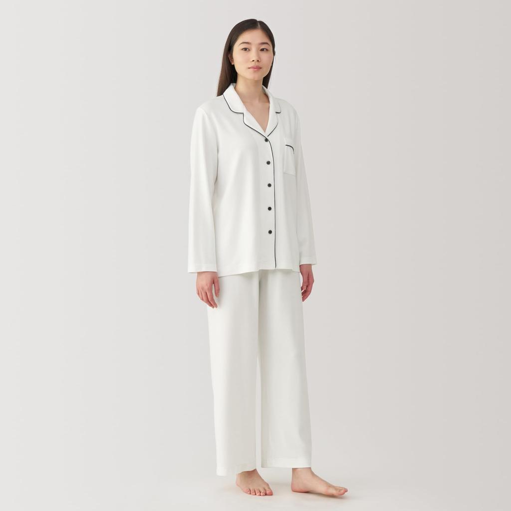 MUJI Women's Seamless Side Pajamas, Smooth Cut and Sew Long Sleeves, Off-White, Size XL, FD1L6A5S