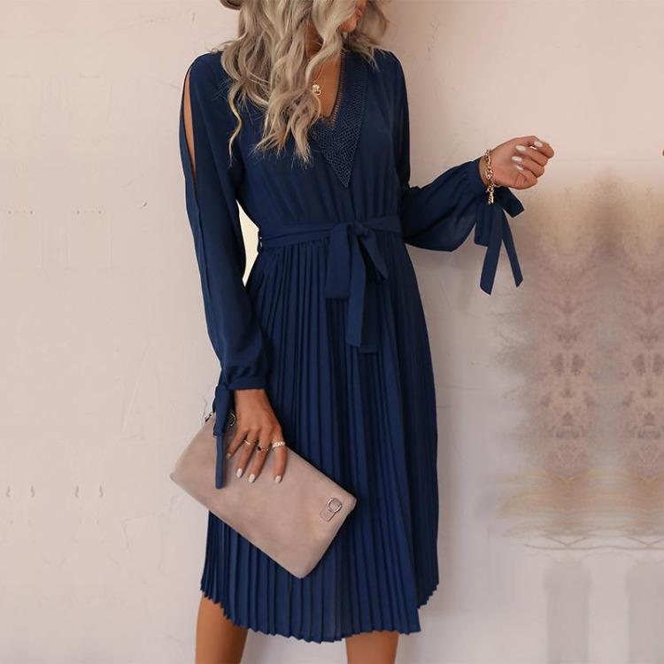 Elegant Hollow Out Long Sleeve V Neck Solid Color Dress for Women Fashion Long Dress Spring Autumn
