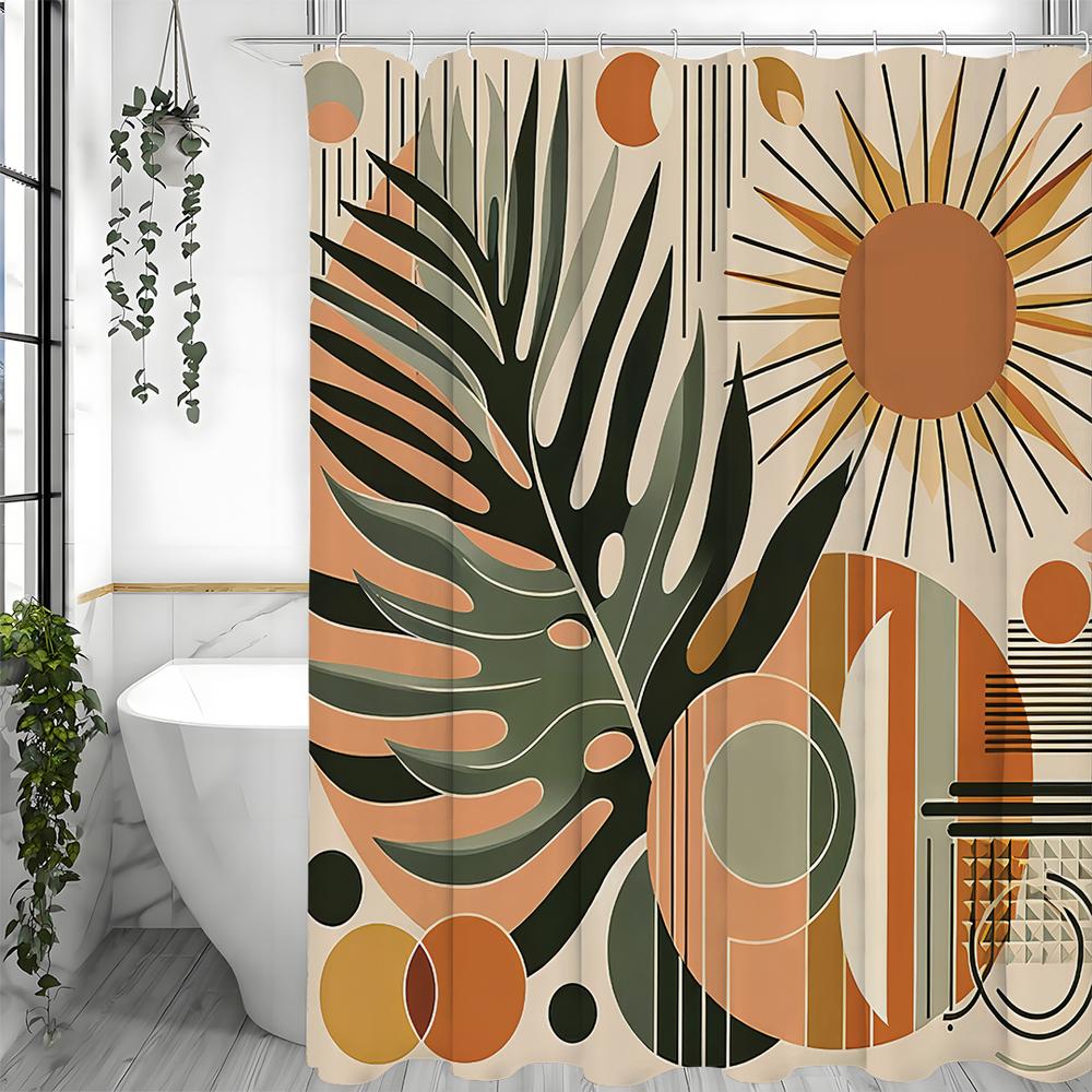 Modern Simple Leaf Sun Shower Curtain, Bathroom Decorative Shower Curtain, Waterproof Shower Curtain with Hooks