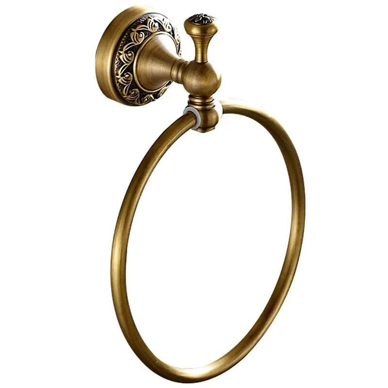 Bathroom Towel Holder, Wall Mounted Round Antique Brass Towel Ring Antique Hooks Double Hooks Bathroom Accessories