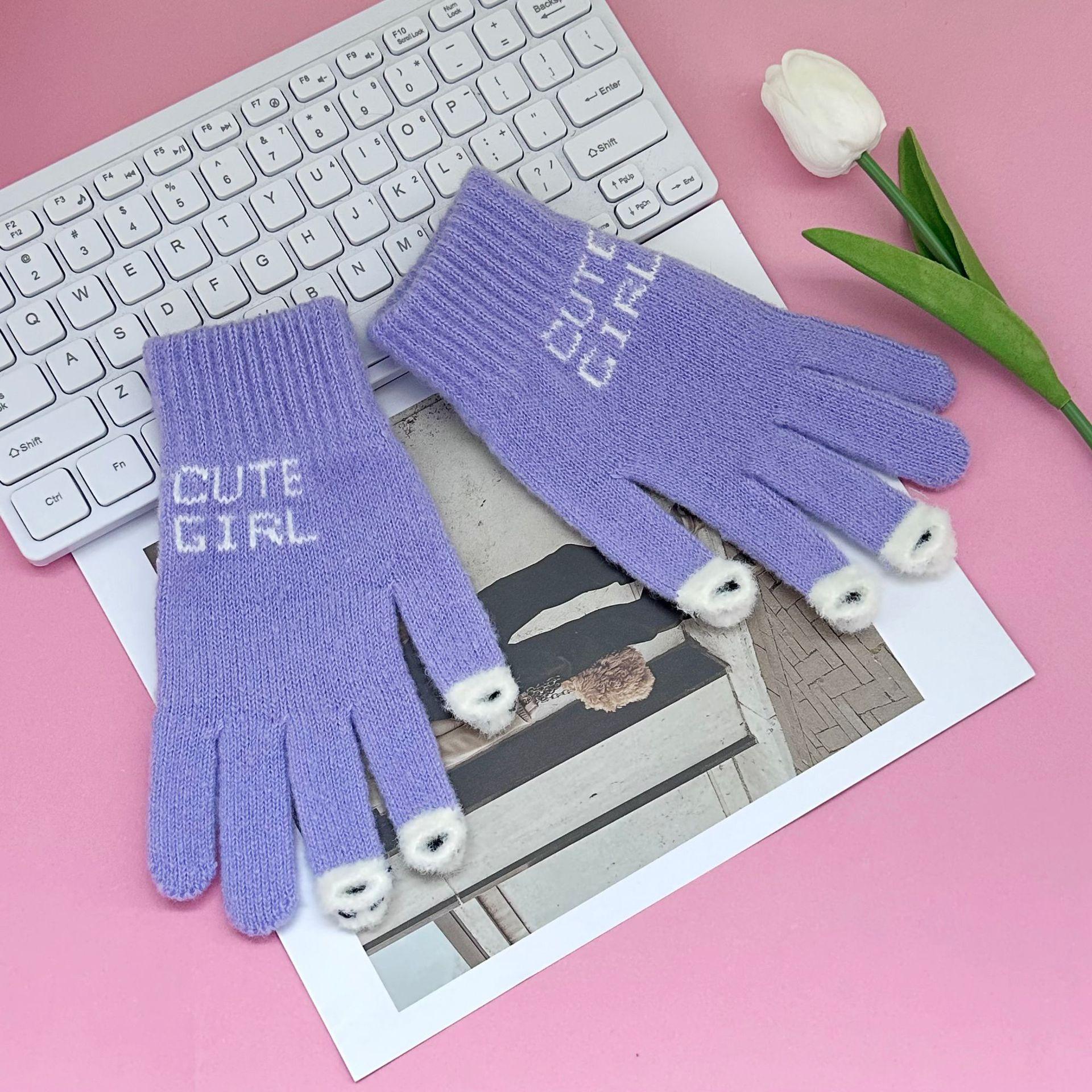 

Solid Knit Wool Warm Cold Proof Autumn Winter Full Finger Touchscreen Unisex Casual Versatile Gloves Cute One Size темно-фиолетовый