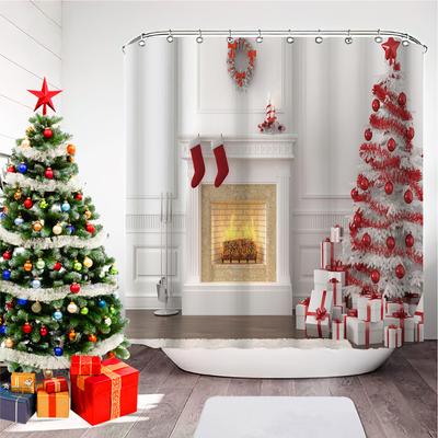 Christmas Printed Bathroom Shower Curtain Snowman Santa Claus Waterproof Polyester Curtain Home Decoration Window Christmas Tree