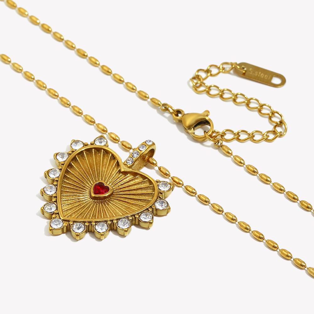 E.B.belle Cute Style Full Zircon Red Heart Pendant Charm Necklace Stainless Steel Sweet Sign Gold Plated Tarnish Free Jewelry