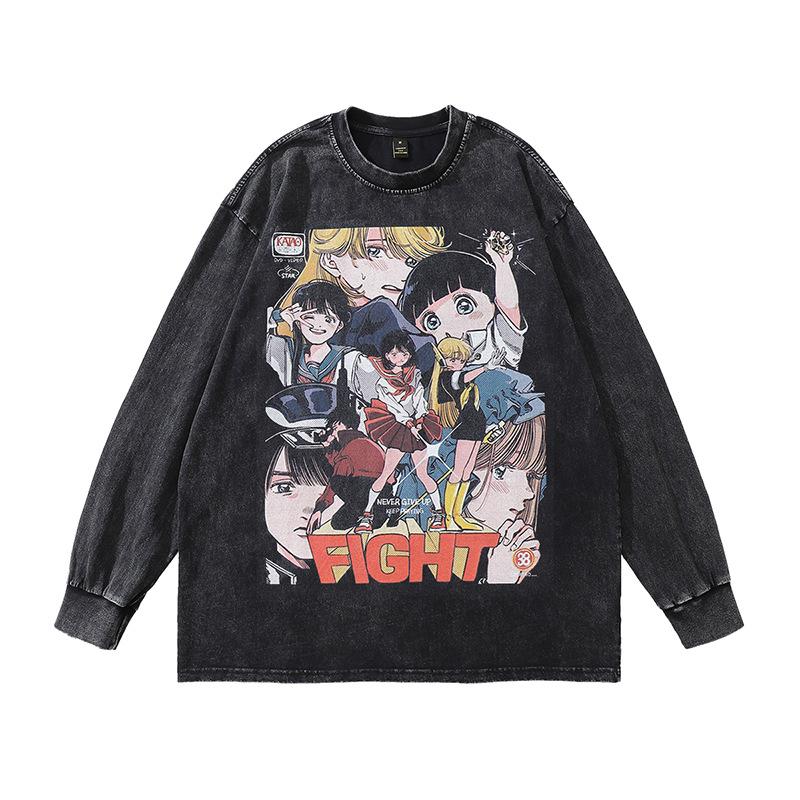 High Street Vintage Old Washed Cartoon Printed Short Sleeve T-Shirt Men'S And Women'S Bf Style Hip Hop Loose Half Sleeve Top