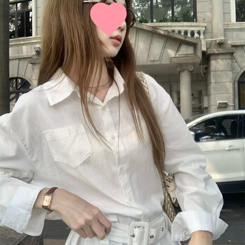 Kumikumi Women's Slim-Fit Long-Sleeve Polo Collar White Shirt for Spring