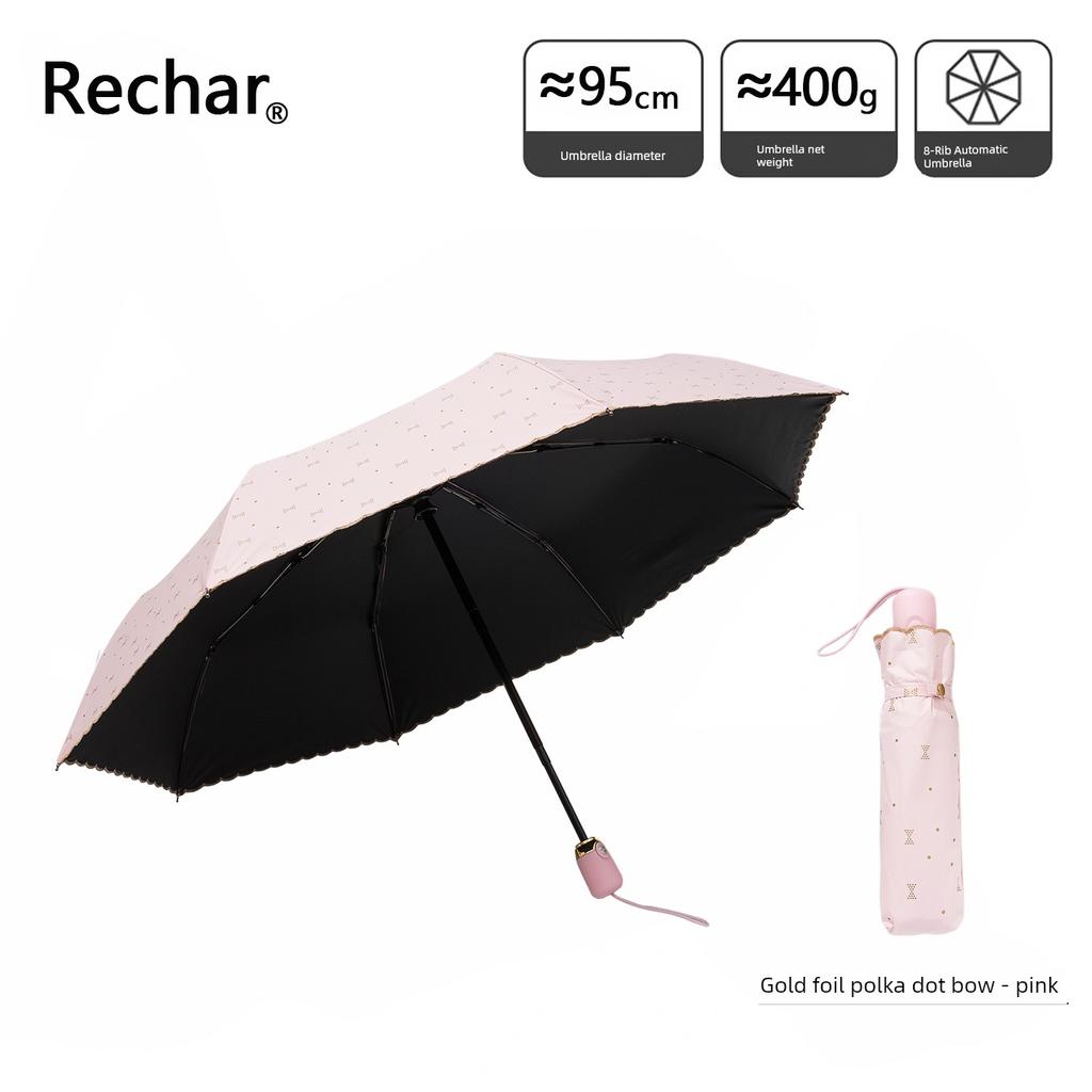 High-Quality Embroidered Fully Automatic Folding Umbrella for Women with Black Coating for Sun Protection and Uv Protection, Suitable for Both Sunny