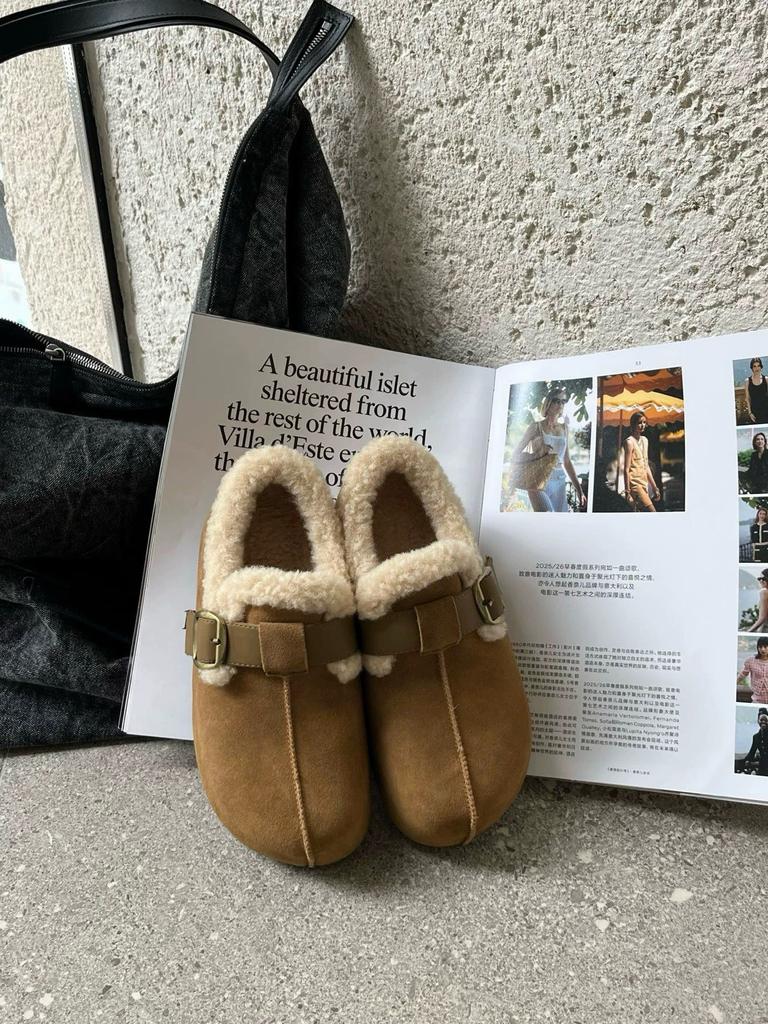 Cowhide Version All-inclusive Women's Velvet Thickened Warm Small Fashion Cotton Shoes One Pedal Lamb Wool Shoes