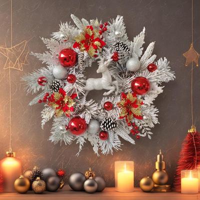 Christmas Reindeer Wreath Artificial Wreaths for Front Door Garland Red Berries Greenery Decor Xmas
