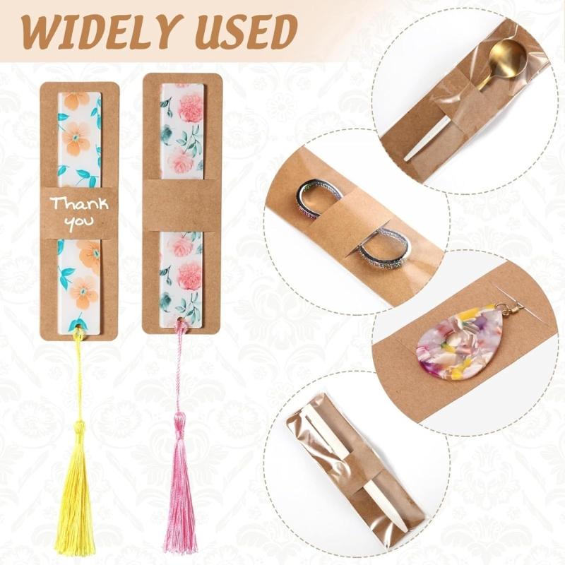 Pack of 50 Sleeves for Bookmarks Blank Display Cards Versatile Kraft Bookmarks Holder Transparent Self Adhesive Bags