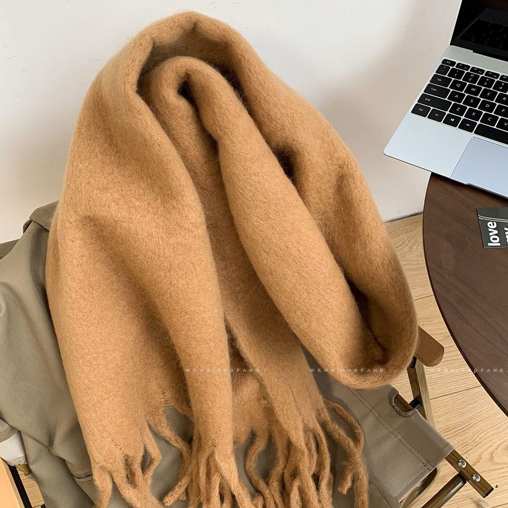 Fashion Warm Winter Cashmere Scarf Solid Color Soft Long Tassel Scarves Mohair Thickened Shawl Wrap Women