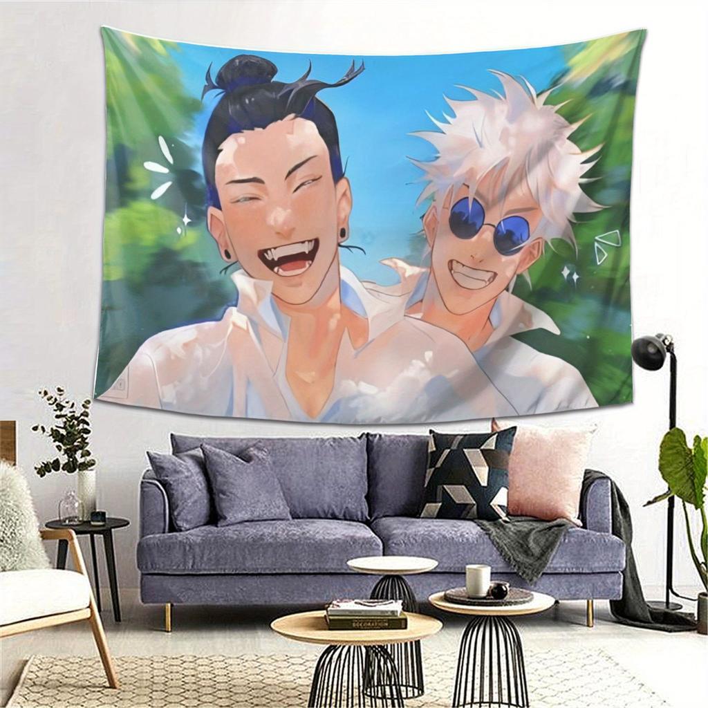 Happy Anime Duo Tapestry  Vibrant Wall Hanging for Bedroom and Living Room Decor Perfect Gift for Anime Fans