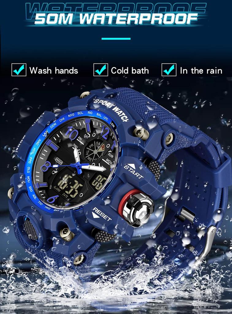 Digital Sports Watch with Water Fashionable Military Running Dual Time Luminous 50 Meter Water Dustproof and Japanese Instruction Manual 2024 Model