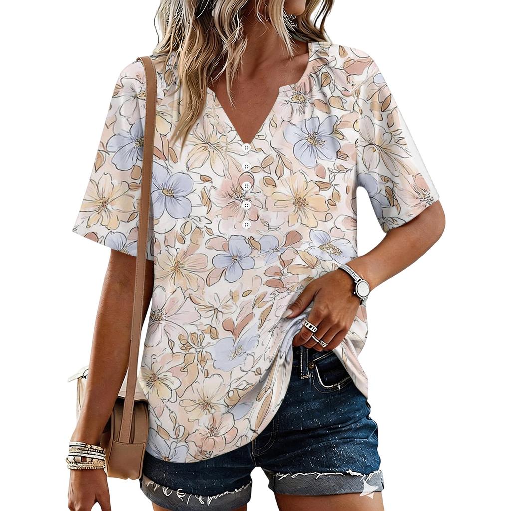 Women's Fashionable Casual Floral Print Button V-neck Short-sleeved Top