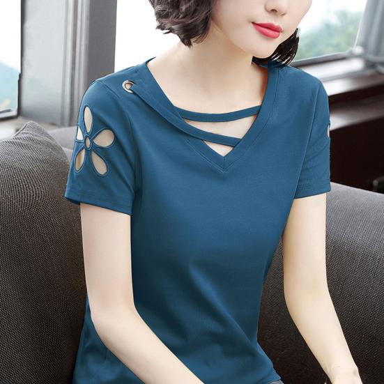 Women T-shirt V Neck Hollow Out Summer Short Sleeve Loose Blouse for