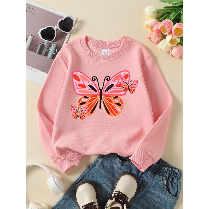 Girls' Soft Crewneck Sweatshirt, Pink Orange Butterfly Print Pattern with Cute Creative Print, Casual All-Match for Fall Winter, Ideal Holiday Present