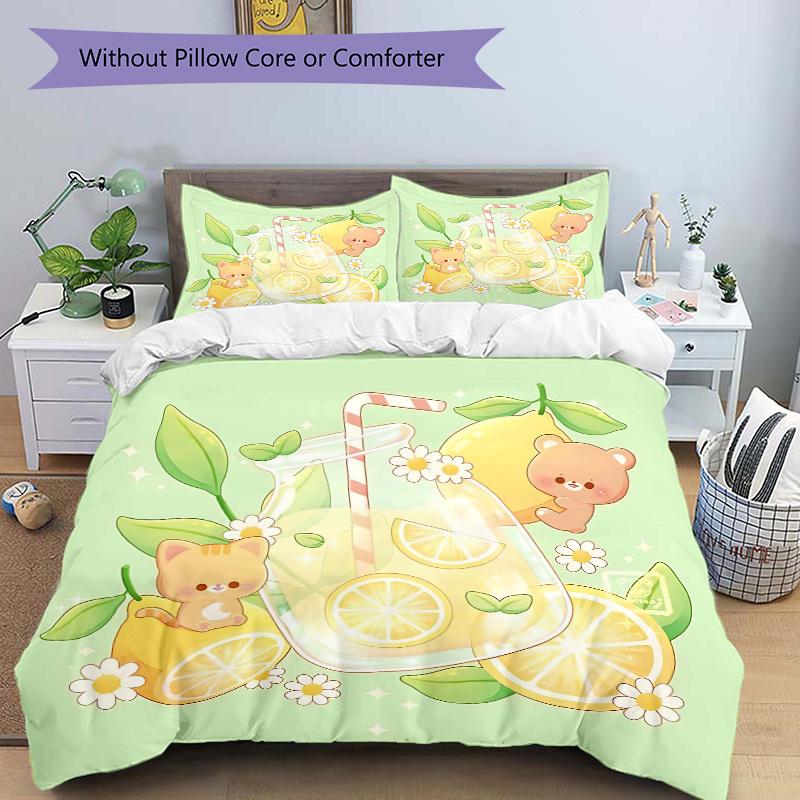 

3pcs Drinks Kitten and Bear Printed Bedding Set, Soft and Comfortable Quilt Cover for Bedroom, Guest Room (1 Duvet Cover + 2 Pillowcases, Pi 135cm*200cm