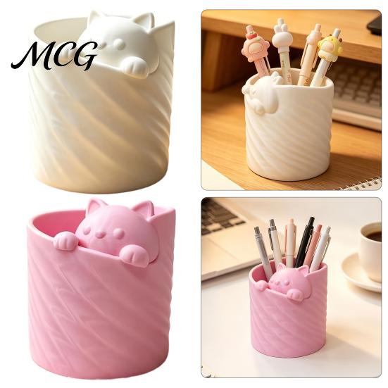 Pen Holder Organizer 3D Printed Holder, Cat Shape Large Capacity Hollow Barrel Desk for Gel Pens Pencils Makeup Brushes, Cute Girlish Decor