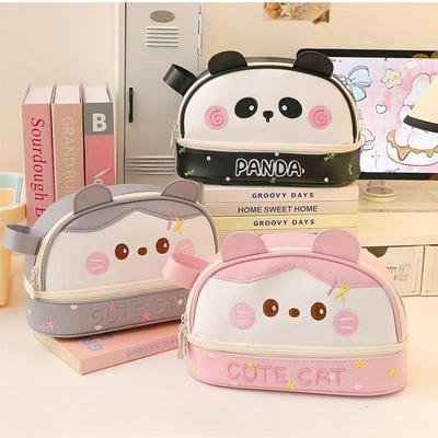 Large Capacity Waterproof Pencil Bag Cute Cartoon Panda Kitten Pencil Case Kawaii Animal Stationery Storage Bag Student Supplies