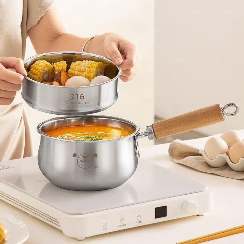 Lilang Stainless Steel Milk Pot with Wooden Handle & Steamer