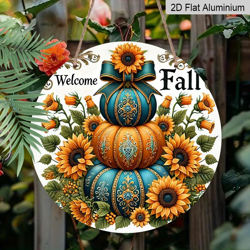 2D Flat, 1pc Round Waterproof Aluminum Hanging Sign, Vintage Welcome Fall Stacked Teal Orange Pumpkin Sunflower Bow Print, Farmhouse Metal Plaque