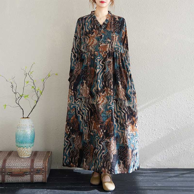 Real Spring and Summer New Retro Cotton and Linen Printing Loose Casual Fungus Lace Collar Long-sleeved Big Swing Dress