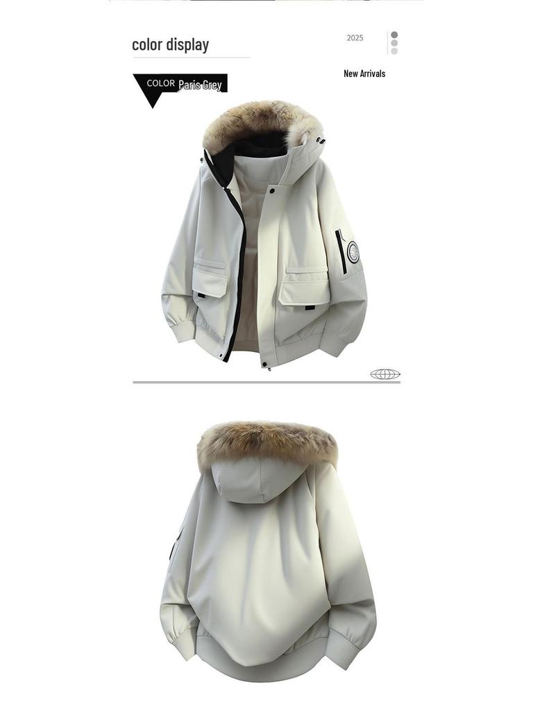 Men's Unisex Windproof Winter Workwear Down Jacket with Warm Hood & Large Fur Collar