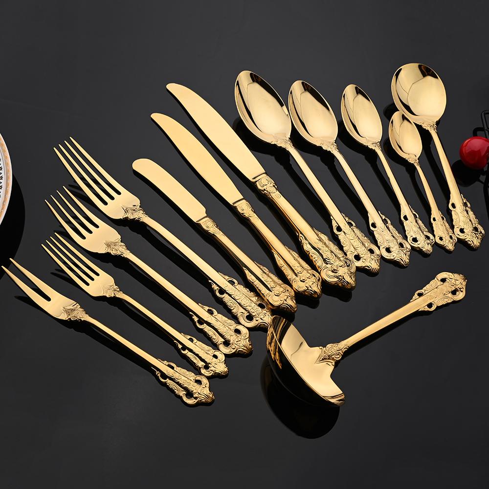Vintage Western Gold Plated Cutlery Dining Knife Fruit Fork Teaspoon Butter Knife Set Luxury Dinnerware Engraving Tableware Set