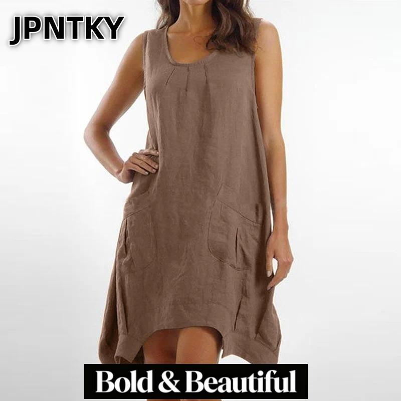 JPNTKY Fashion Summer Spring Solid Color Print Sleeveless O-Neck Casual Dresses