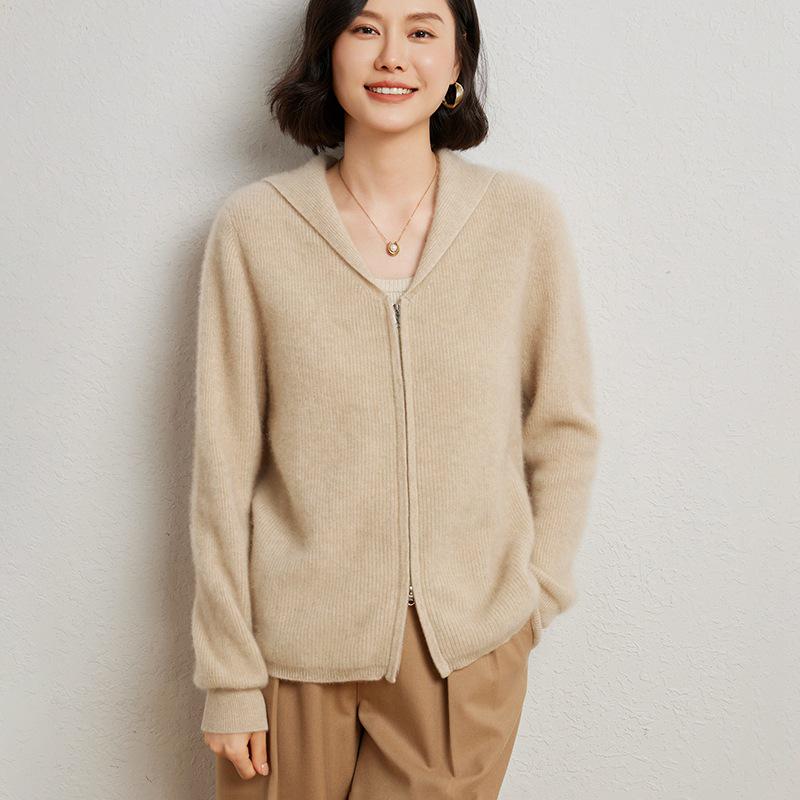 Women's Slim-Fit Wool Hooded Cardigan: Zippered, Long-Sleeve, Tight Cashmere Knitwear for Autumn & Winter