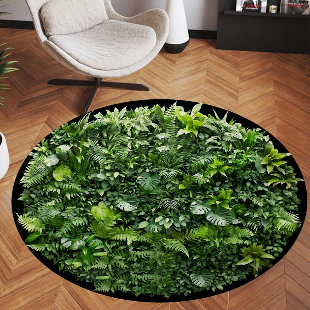 Round Green Fern Leaf Pattern Floor Mat, Nature Tropical Foliage Plant Print Non-Slip Rug for Entryway, Living Room, or Bedroom