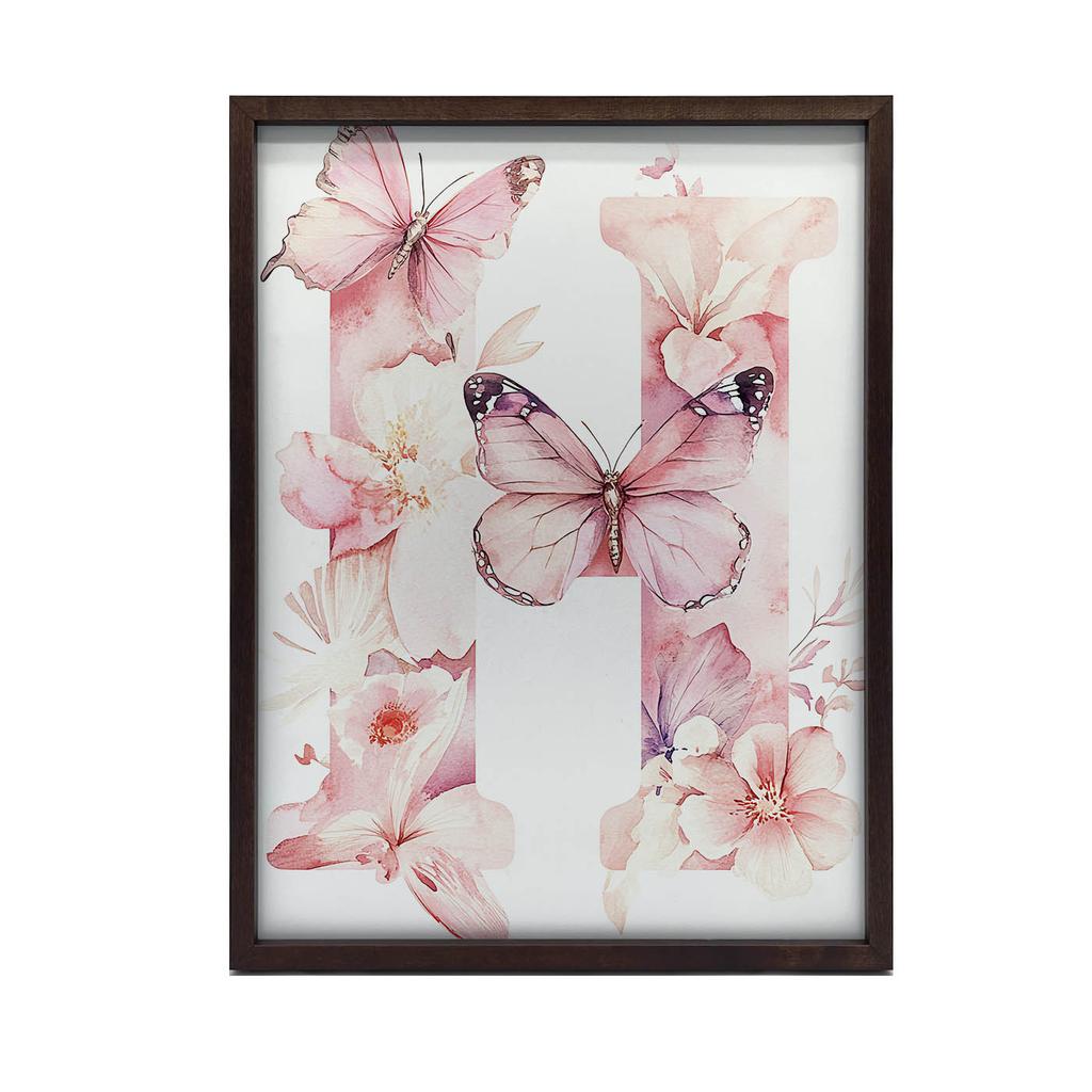Plakat Romantyczna Litera H Z Kwiatów I Motyli Plakat Romantyczna Litera H Z Kwiatów I Motyli, 50X70 Cm, Rama Aluminiowa Czarna, Papier Matowy 230 Gsm