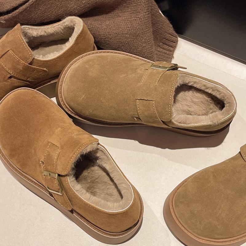 Leather thick-soled velvet women's new autumn and winter warm Doudou cotton shoes wear fluffy snow boots