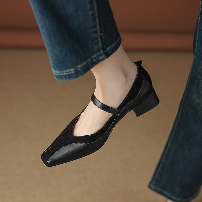 Fashion Women Shoes Pumps Genuine Leather Buckle Strap Thick Mid Heels Shoes Ins Spring 2025 Spring New Vintage Office Dress Size 34-40