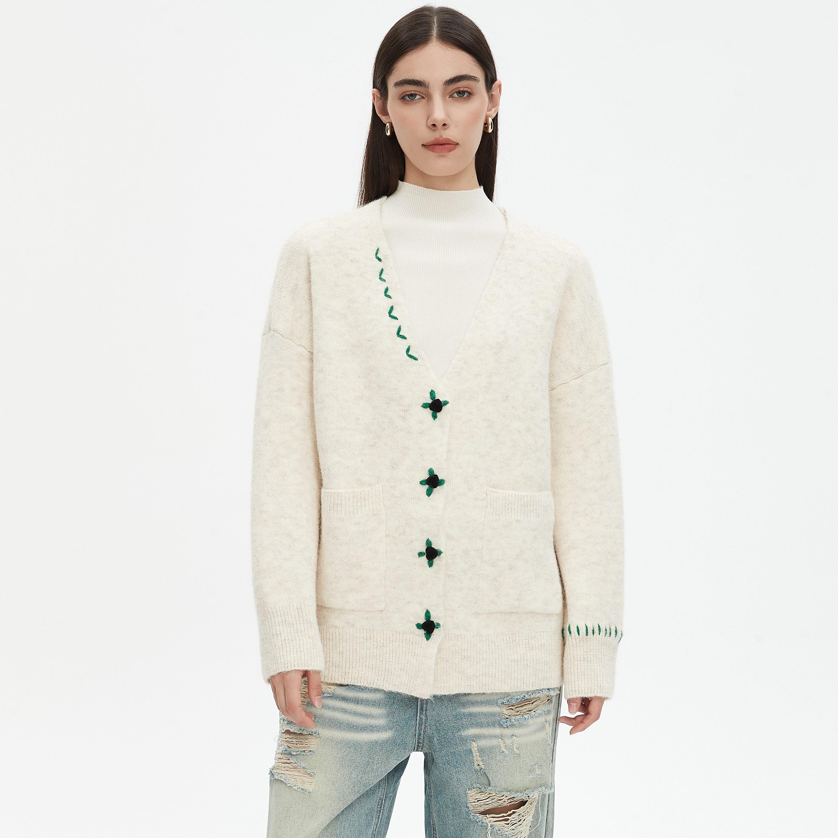 

Dimanaf 2025 Свитера Пуговицы Вышивка Принт Кардиган Осень Карманы Женские С Принтом Свитера Вязание Свободный Свитер One Size