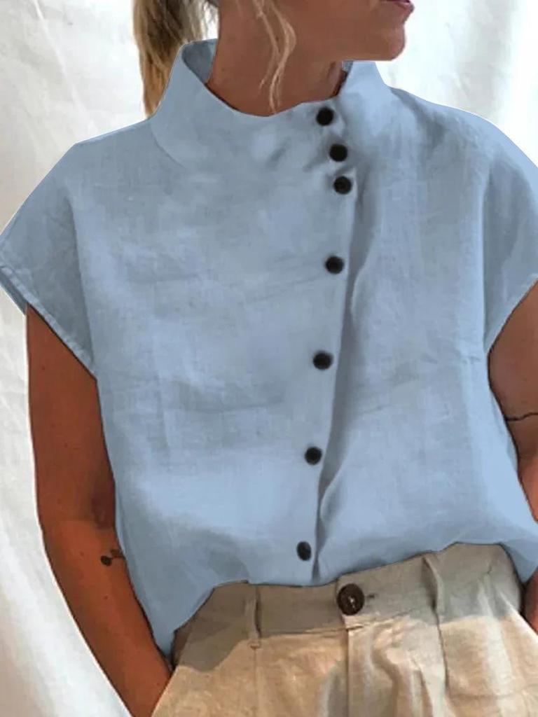 New Trendy Stand Collar Women's Short-Sleeve Button-Up Shirt
