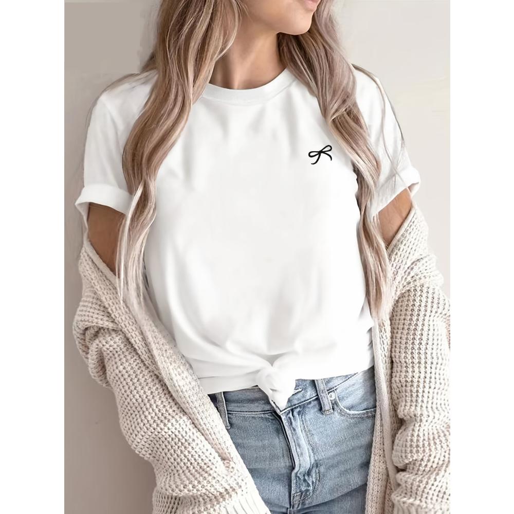 Casual Butterfly Top with Bow Print Short Sleeve T-Shirt Short Sleeve T Shirt Clothing Women s T-Shirt Clothing Top Tee M