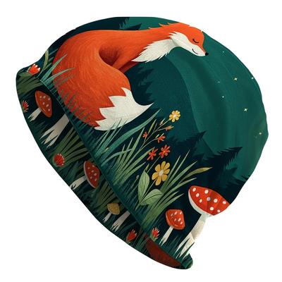1pc Universal Natural Theme Knitted Hat - Serene Moonlit Fox Pattern, Durable Knitted Fabric, Comfortable Stretch Fit, Casual Outdoor Hat, Festive Hea
