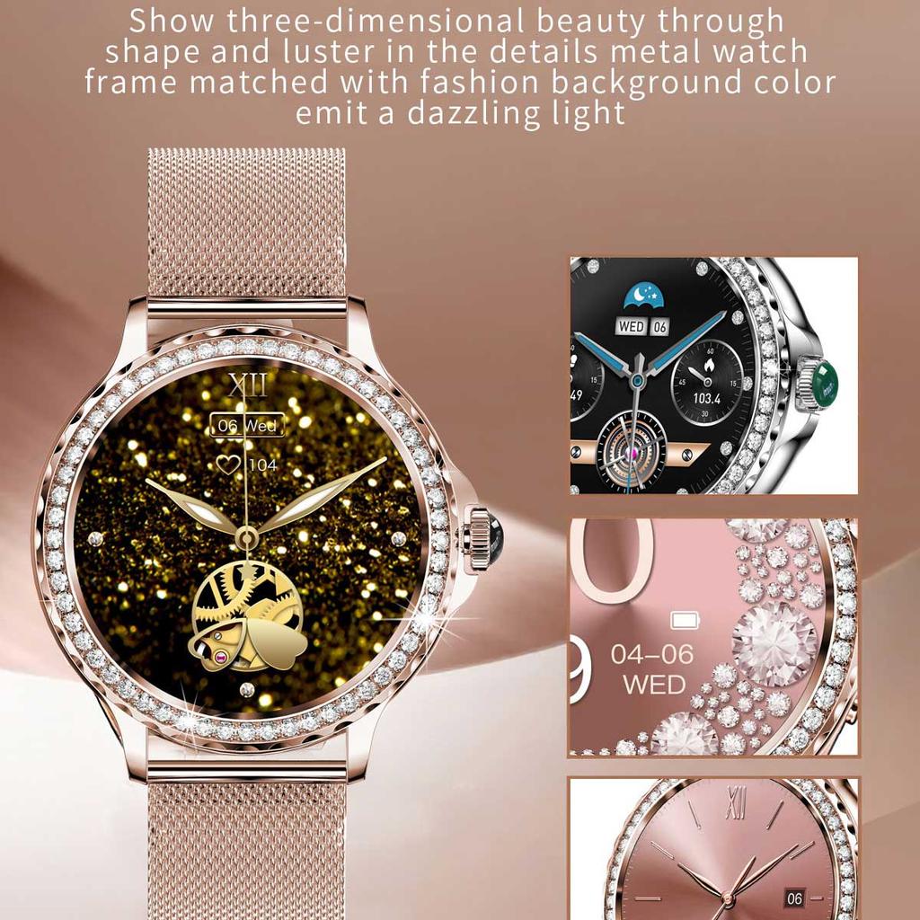 LUCKY START Rose Gold Smart Watch Bluetooth Call Lady 100+ Sports Mode Fitness Health Monitor Women Smartwatch for IOS Android NX19