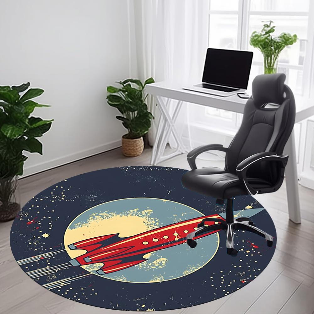 1pc Rocket Moon Office Round Area Rug, Indoor Mat Suitable For Office, Under Office Chairs Bedroom Living Room Home Decor, Room Deco