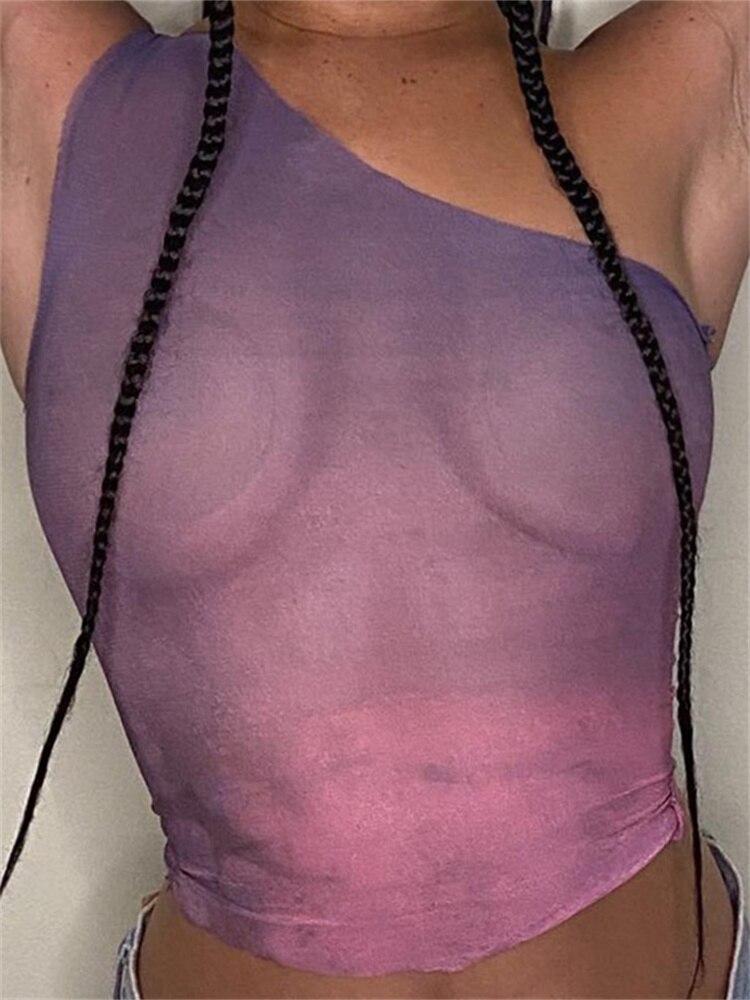 

Розовый и фиолетовый градиентный прозрачный сетчатый укороченный топ, сексуальные топы на одно плечо с открытой спиной, женская эстетичная одежда Y2k, футболки S