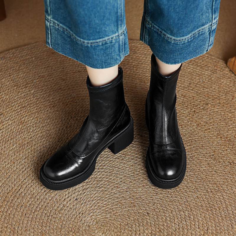 Krazing Pot Microfiber Autumn Winter Shoes Chunky Heels Size 40 Round Toe Zipper Retro Waterproof Stretch Ankle Boots