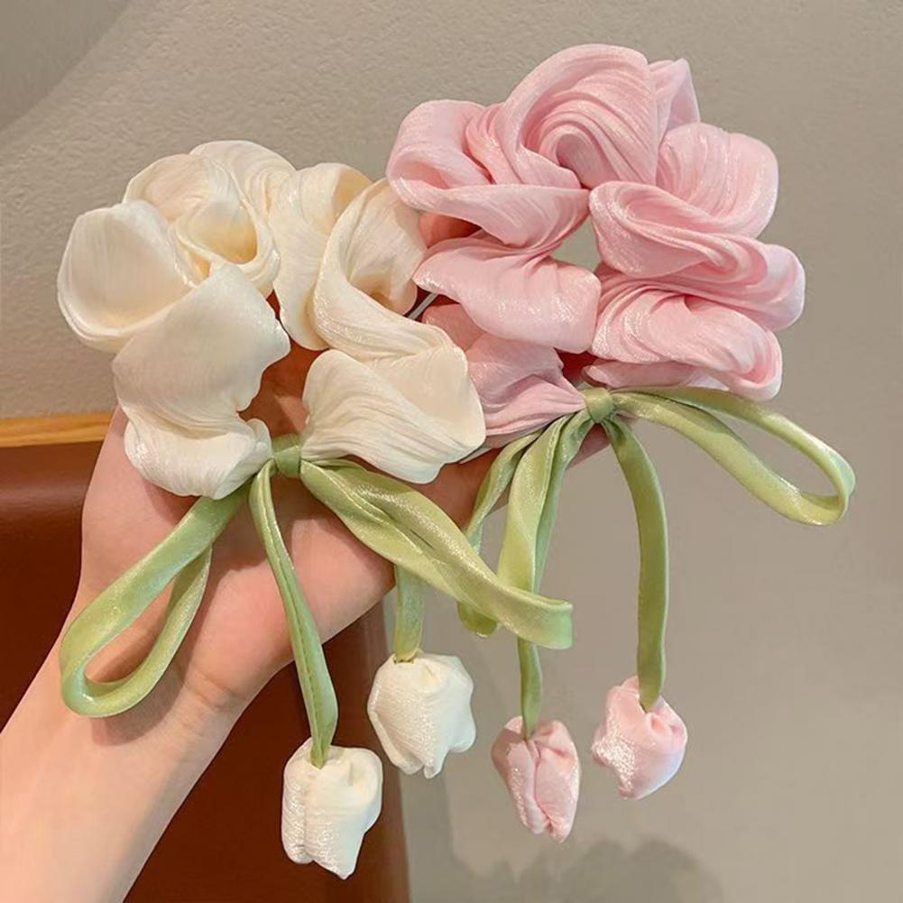 Hair Tie Chiffon Organza Fabric High Elasticity Tulip Flower Design Hair Rope with Streamers Ponytail Bun Hair Accessories
