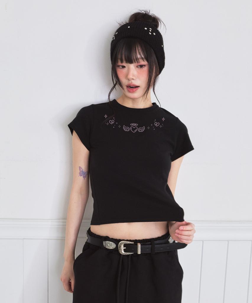 PAGESIISII Twinkle Angel Heart Print Slim Fit Short Sleeve T-Shirt Black