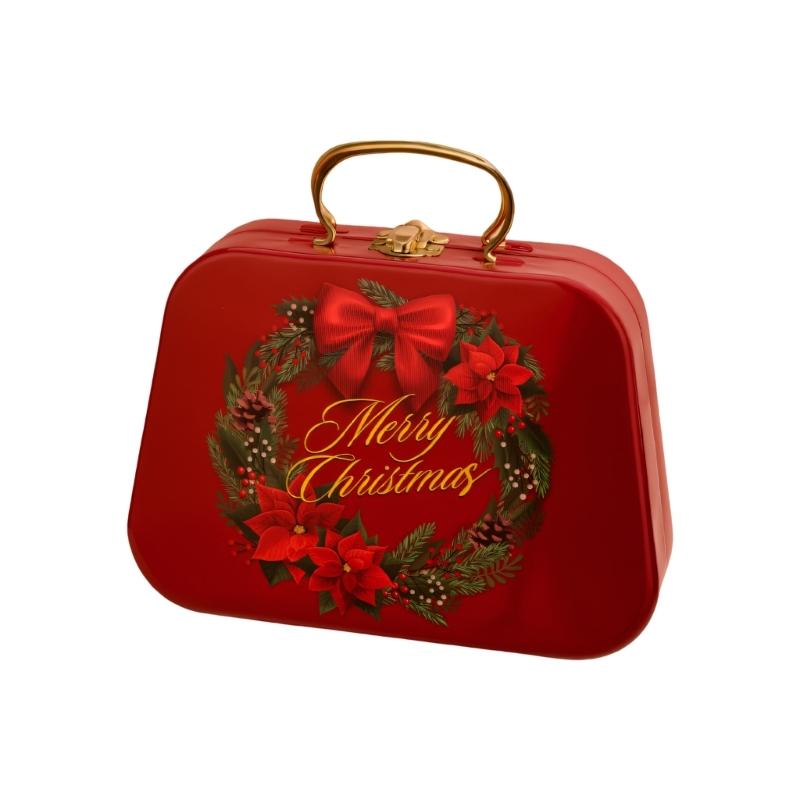 Holiday Gift Tin Box Christmas Metal Treat Container with Handle and Lid Closure for Small Gifts, Dessert Table Use
