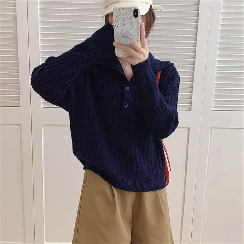 Retro twist lapel sweater women's top autumn and winter new lazy loose versatile temperament knitted sweater top