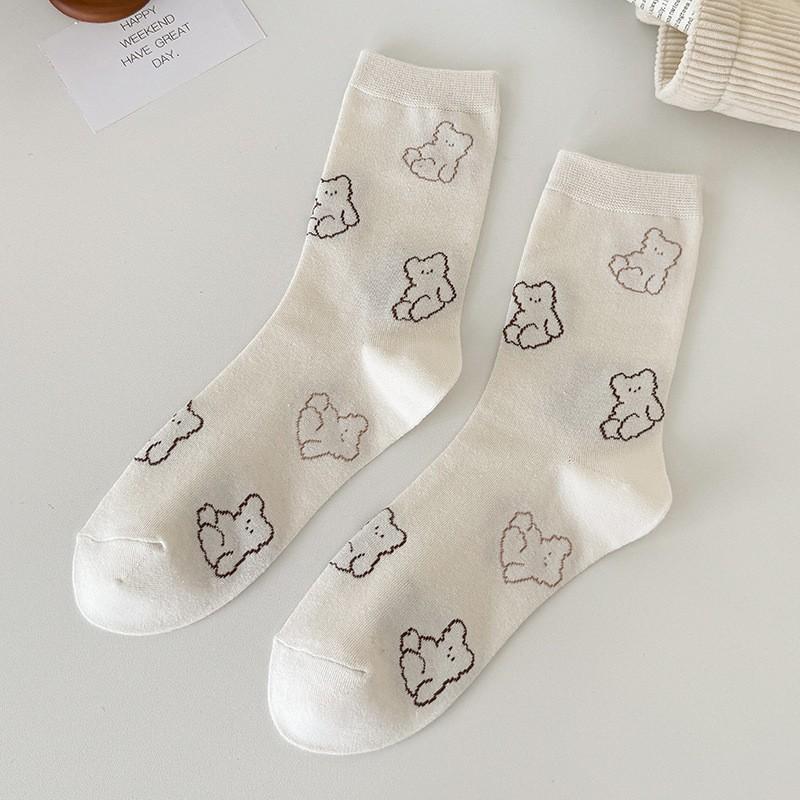 Socks Coffee Color Cute Bear Medium Tube Socks Season College Style Pure Cotton Bow Stacking Socks Women